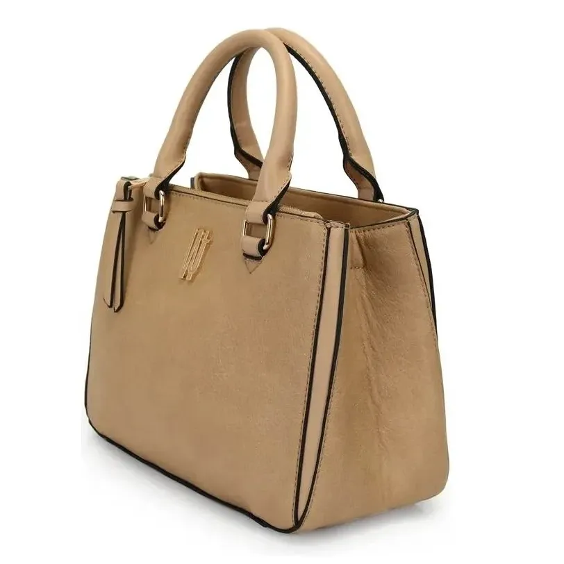 Bolsa de ombro feminina WJ 46175 em material sintético bege, vista frontal com alças duplas e detalhes em costura preta